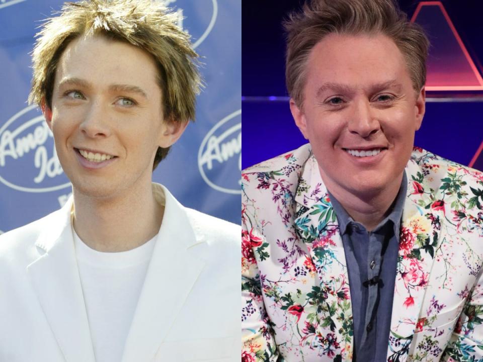 clay aiken at the season 2 american idol finale and clay aiken on a game show in 2020