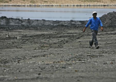 A worker walks across a pit of compacted ash at a landfill on Semakau Island in Singapore April 21, 2008. The island is Singapore's only landfill, and is used to store ash from Singapore's four waste incinerators. REUTERS/Vivek Prakash