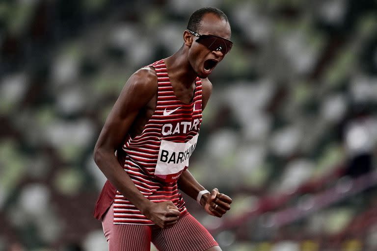 La reacción de Mutaz Essa Barshim, de Qatar, que eligió compartir el oro con su rival