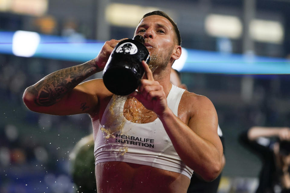 LA Galaxy forward Billy Sharp celebrates the team's win in an MLS soccer match against Minnesota United, Wednesday, Sept. 20, 2023, in Carson, Calif. Sharp scored three goals. (AP Photo/Ryan Sun)