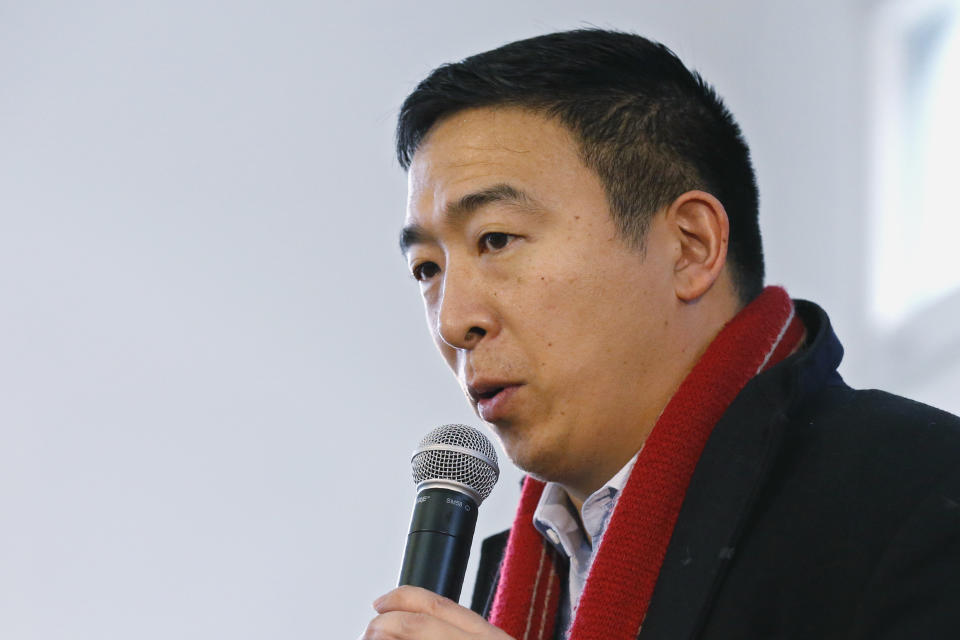 Democratic presidential candidate entrepreneur Andrew Yang speaks at a town hall meeting Tuesday, Jan. 28, 2020, in Perry, Iowa (AP Photo/Sue Ogrocki)