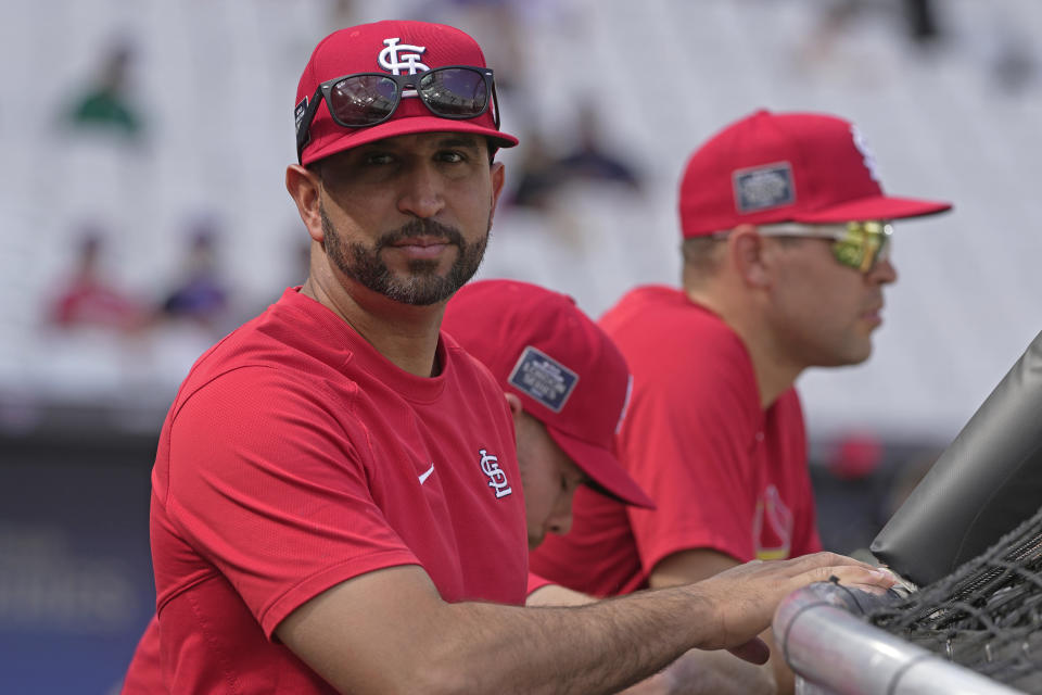 St. Louis Cardinals' manager Oliver Marmol leads a training session ahead of the baseball match against Chicago Cubs at the MLB World Tour London Series, in London Stadium. (AP Photo/Kin Cheung)