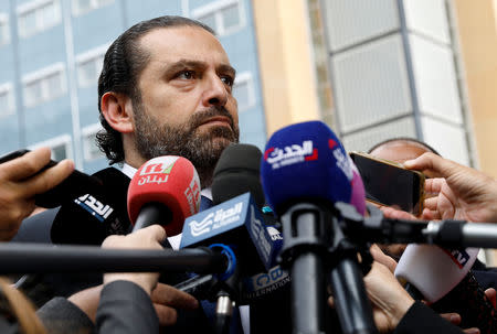 Lebanese Prime Minister-designate Saad al-Hariri speaks to the media in front of the Special Tribunal for Lebanon ahead of the closings arguments in the trial of Lebanon's Rafik al-Hariri alleged killers in the Hague, the Netherlands September 11, 2018. Bas Czerwinski/Pool via REUTERS