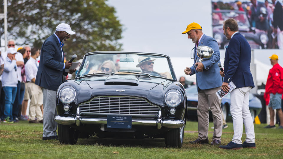 A 1965 Aston Martin DB5 Convertible earns an award at the Audrain Newport Concours & Motor Week.