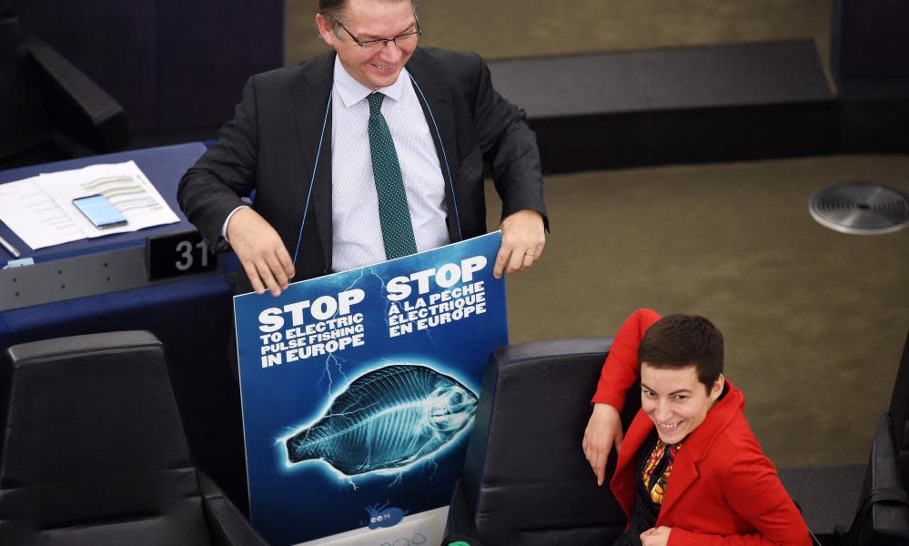 MEP Philippe Lamberts holds a placard to stop electric pulse fishing, next to German co-president of the Greens parliamentary group, Ska Keller, before a voting session at the European parliament in Strasbourg on 16 January