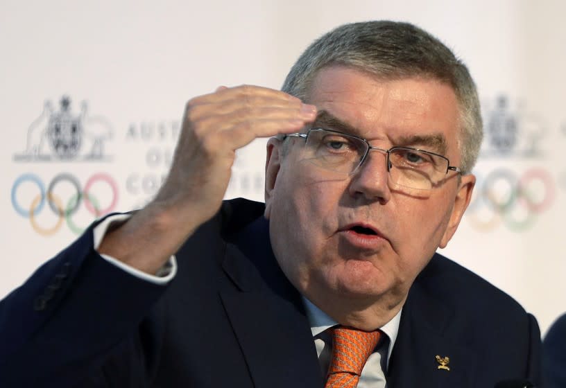 FILE - In this May 4, 2019, file photo, International Olympic Committee President Thomas Bach speaks.