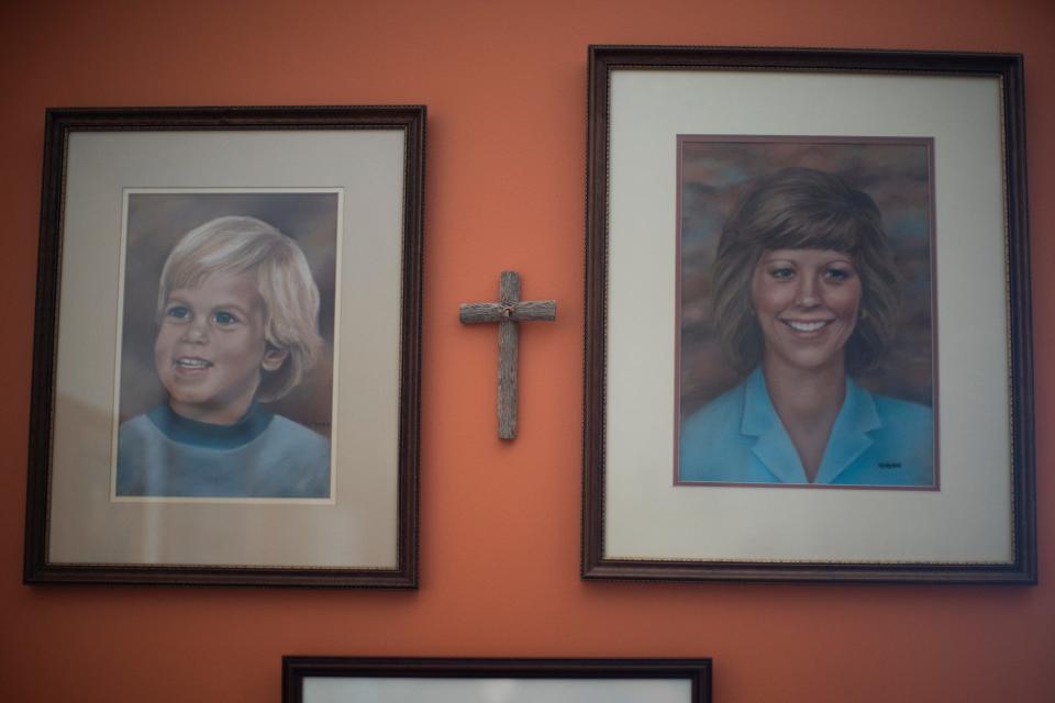 Chalk drawings of Jeremy Pickens, 2, and Lynn Hochuli Vest, 23, have a prominent place on the wall of Don Hochuli's Westerville home. Hochuli, who is Lynn's father and Jeremy's grandfather, is hoping genetic genealogy may provide clues to who killed the pair in 1980.