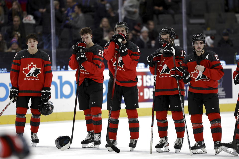 Canada players after being defeated in the IIHF World Junior Championship ice hockey quarterfinal match between Canada and Czech Republic at Scandinavium in Gothenburg, Sweden, Tuesday, Jan. 2, 2024. (Adam Ihse/TT News Agency via AP)