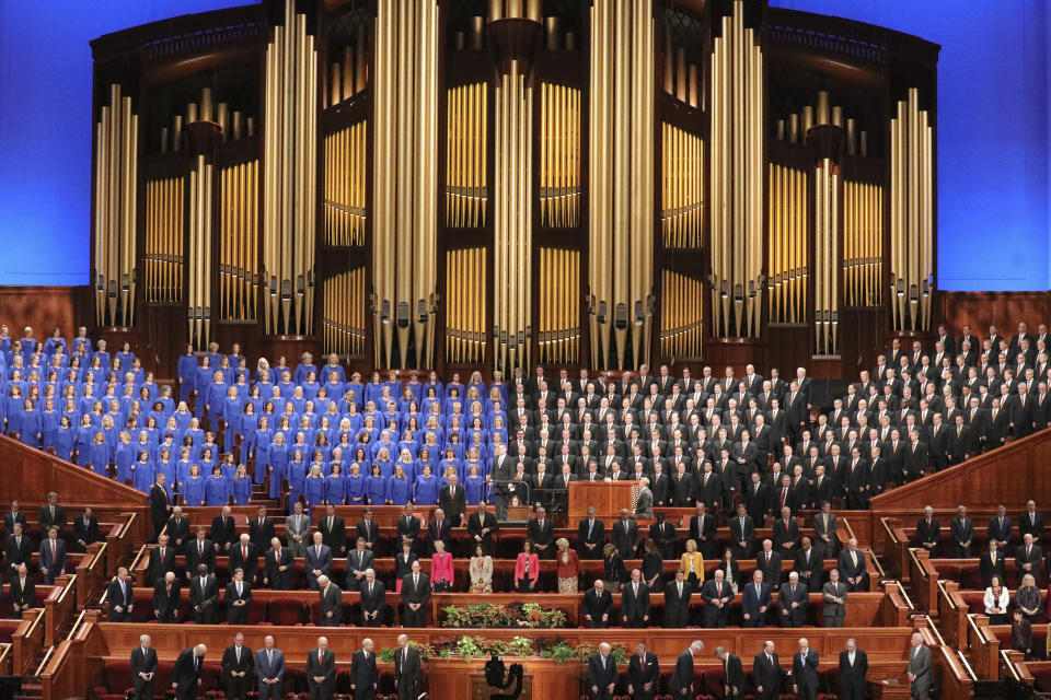 FILE - In this Oct. 5, 2019 file photo, the Tabernacle Choir at Temple Square perform during The Church of Jesus Christ of Latter-day Saints' twice-annual church conference in Salt Lake City. For the third consecutive time, The Church of Jesus Christ of Latter-day Saints will hold its signature conference this weekend without attendees in person as the faith continues to take precautions amid the pandemic. Members of the Utah-based faith will instead watch on TVs, computers and tablets from their homes around the world Saturday, April 3, 2021 to hear spiritual guidance from the religion's top leaders, who will be delivering the speeches in Salt Lake City. (AP Photo/Rick Bowmer, File)