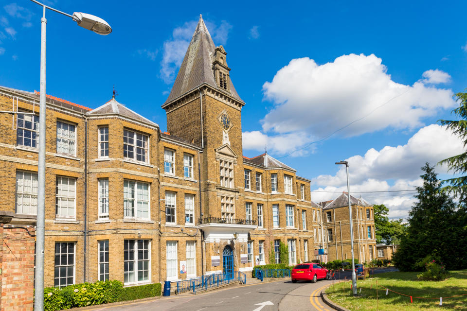 Enfield, london. June 2018. A front external view of Chase Farm hospital in Enfield london.