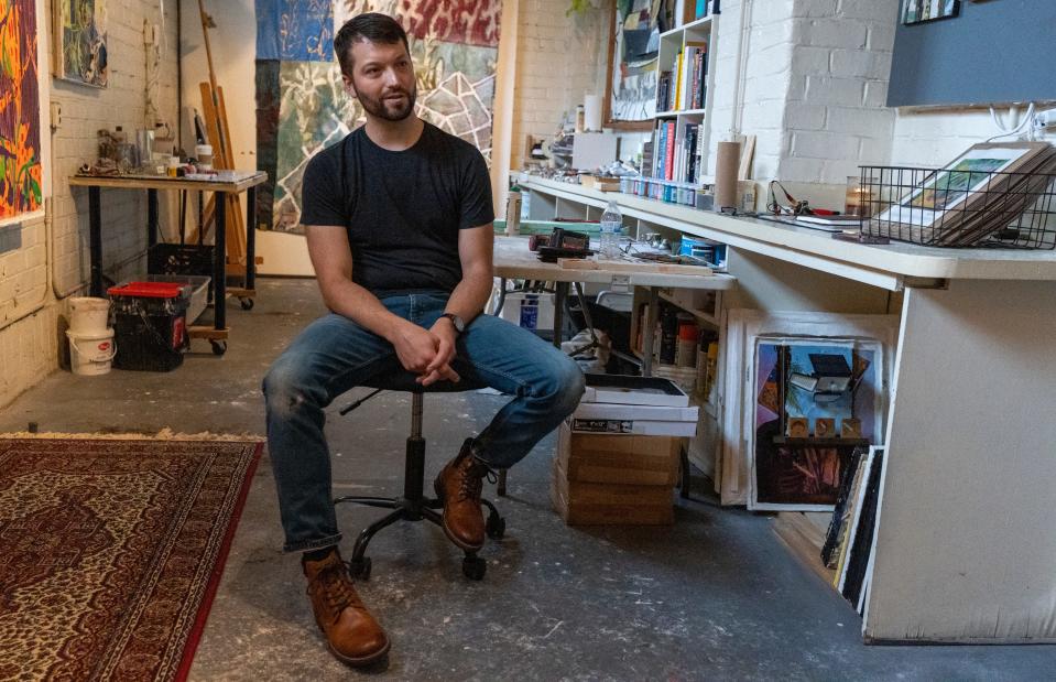 Artist Willard Johnson at The Harrison Center in downtown Indianapolis, Thursday, July 7, 2022, which serves as a studio space and collaboration spot for area artists. Johnson, who has lived in a variety of countries, and was born in Korea, draws on a global perspective. 