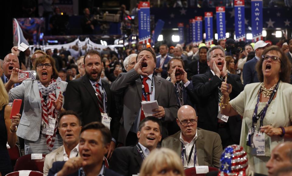 RNC delegates yell and scream as the Rules Committee announces on Monday that it will not hold a recorded vote on the Rules Committee's Report and rejects the efforts of anti-Trump forces to hold a roll-call vote. (Photo: Jonathan Ernst/Reuters)