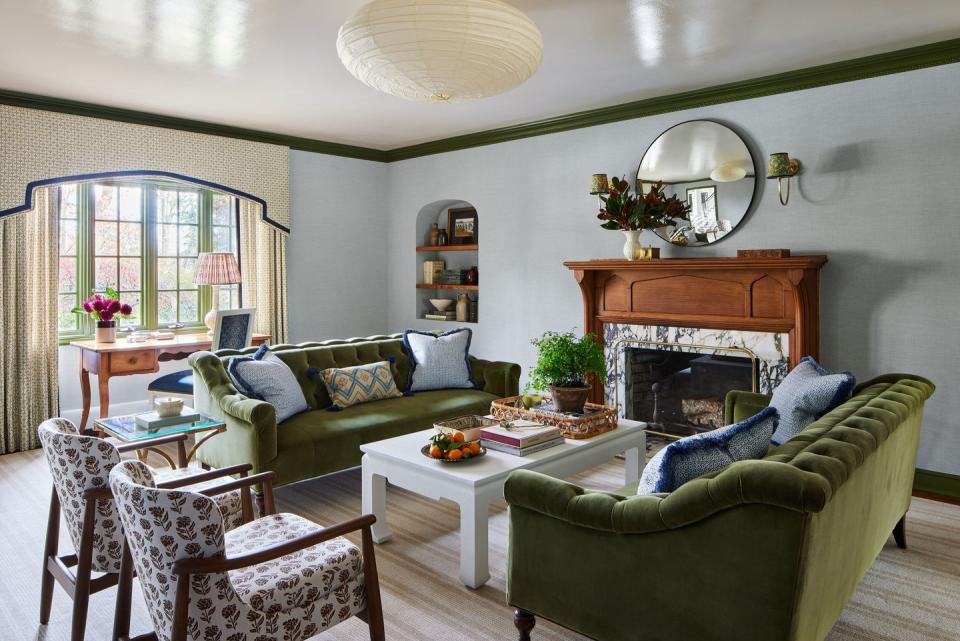 a living room with a fireplace