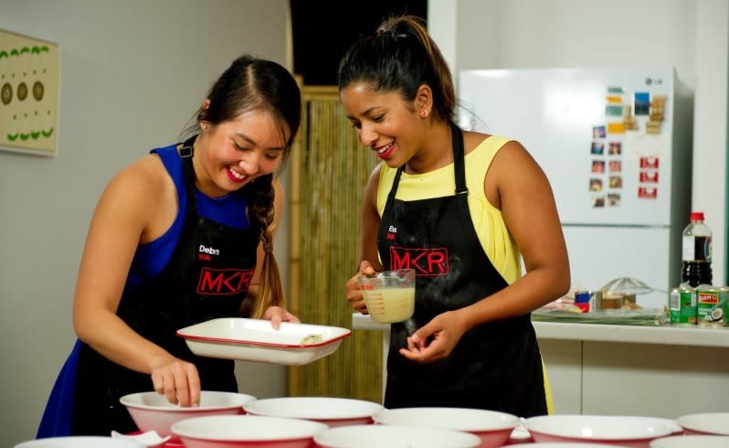 Debra and Eva cook on MKR. Picture: Seven.