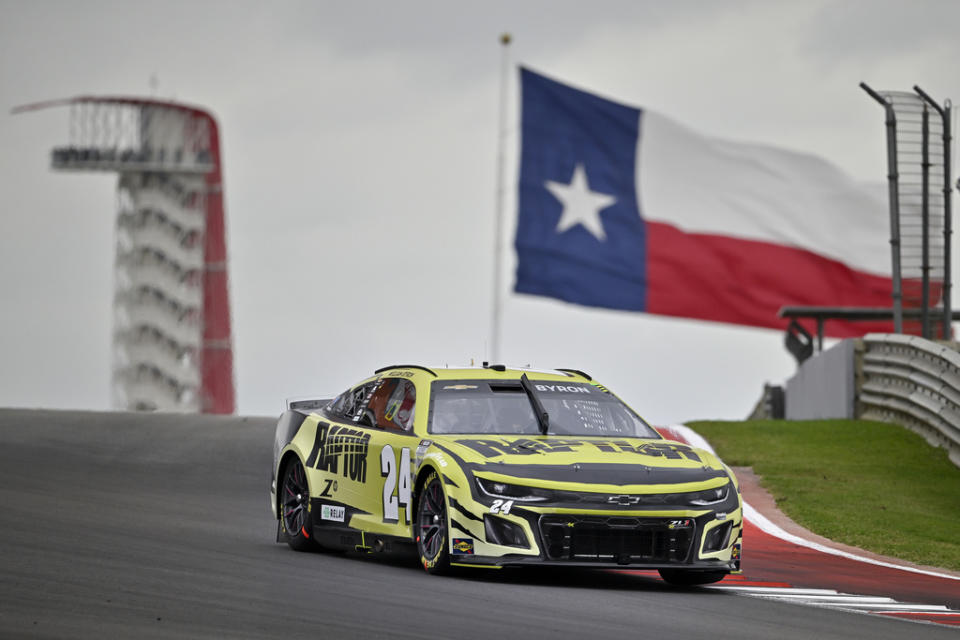 William Byron steers through Turn 10 during a NASCAR Cup Series auto race on Sunday, March 24, 2024, at Circuit of the Americas in Austin, Texas. (AP Photo/Darren Abate)