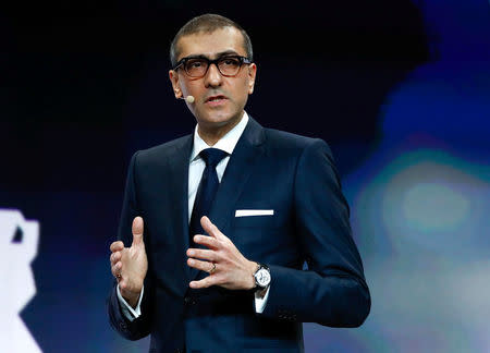 Rajeev Suri, Nokia's President and Chief Executive Officer, speaks during the Mobile World Congress in Barcelona, Spain February 25, 2018. REUTERS/Yves Herman