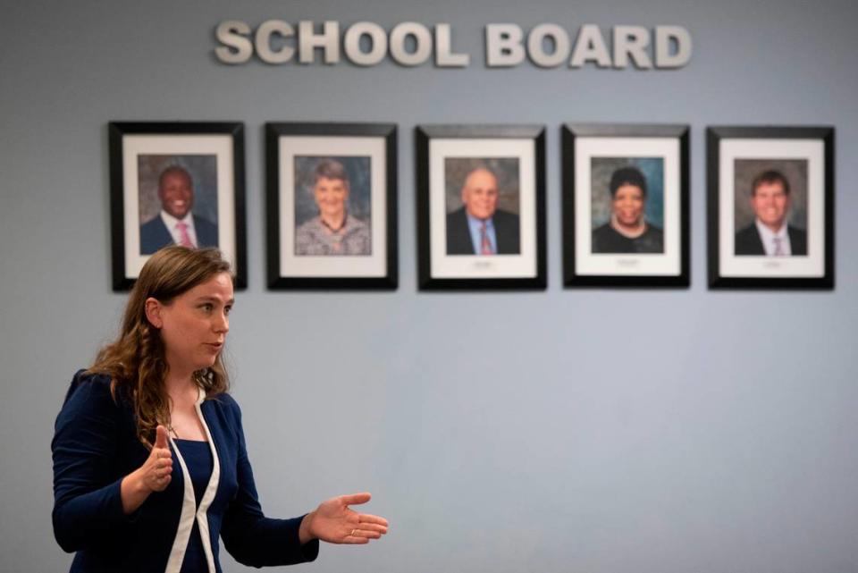 ACLU Attorney McKenna Ramey-Gray asks the Harrison County School Board to make changes to their dress code during a Harrison County School Board meeting at the Central Office in Gulfport on Monday, June 5, 2023.