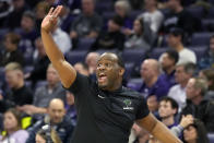 Chicago State head coach Gerald Gillion calls his team during the first half of an NCAA college basketball game against Northwestern in Evanston, Ill., Wednesday, Dec. 13, 2023. (AP Photo/Nam Y. Huh)