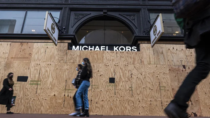 A boarded-up Michael Kors store in San Francisco, California, amid a rise in smash-and-grab theft.