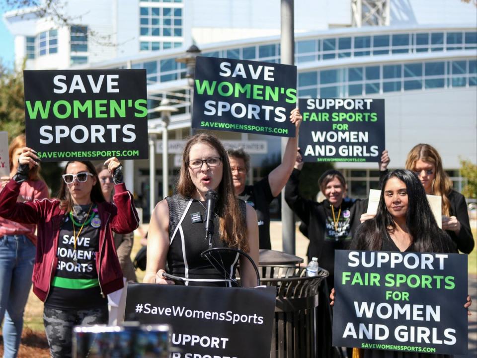 Protesters hold a press conference outside the NCAA women’s swimming championship in Georgia on 17 Mar 2022 (Brett Davis/USA TODAY Sports)