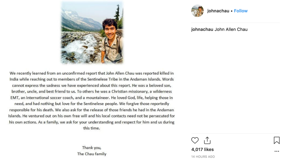 <em>Tribute – Mr Chau’s family paid tribute to him on his Instagram account (Picture: Instagram/JohnAllenChau)</em>