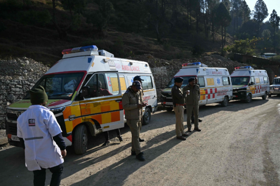 Ambulances are on standby outside the Uttarakhand tunnel as rescue operation entered its final stage (via AP)