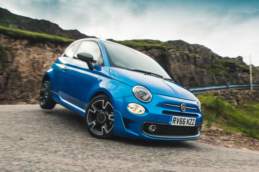 Blue 2017 Fiat 500 front cornering