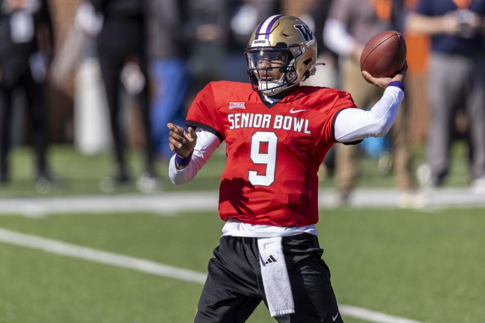 Jan 30, 2024; Mobile, AL, USA; National quarterback Michael Penix Jr. of Washington (9) throws the ball during practice for the National team at Hancock Whitney Stadium. Mandatory Credit: Vasha Hunt-USA TODAY Sports