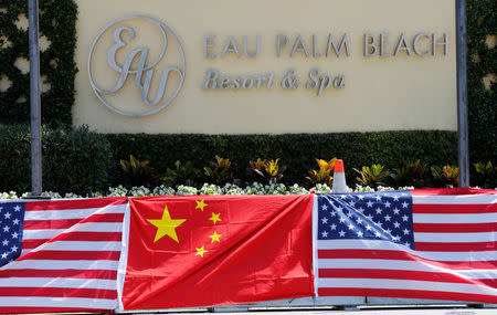 A sign for the Eau Palm Beach Resort and Spa where President of China Xi Jinping will stay is shown in Manalapan, Florida U.S., April 5, 2017. U.S. President Donald Trump will meet with Xi Jinping on April 6 and 7 at his nearby Mar-a-Lago estate. REUTERS/Joe Skipper