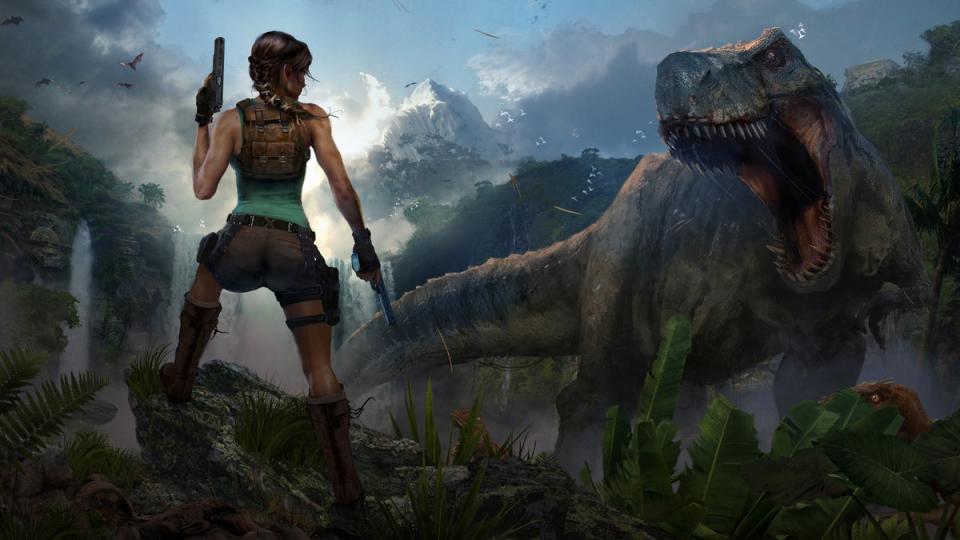 Lara Croft is shown taking on a T Rex in another still (Amazon Games / Crystal Dynamics)