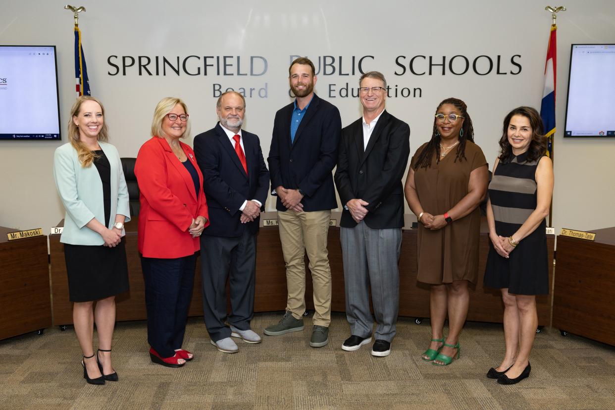 The Springfield school board, from left, Danielle Kincaid, Judy Brunner, Steve Makoski, Kelly Byrne, Scott Crise, Shurita Thomas-Tate and Maryam Mohammadkhani.