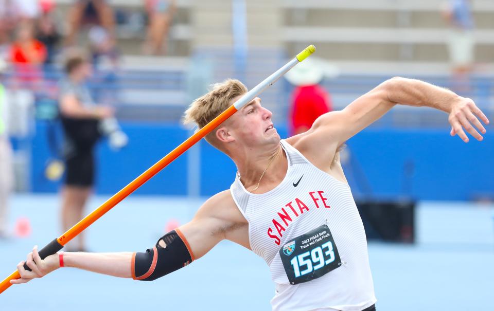 Santa Fe High School's Connor Wetherington throws the javelin during the FHSAA Class 2A State Championships held at Percy Beard Track on the University of Florida campus, May 12, 2022. Wetherington's throw of 61.00m won him first place and a state championship.