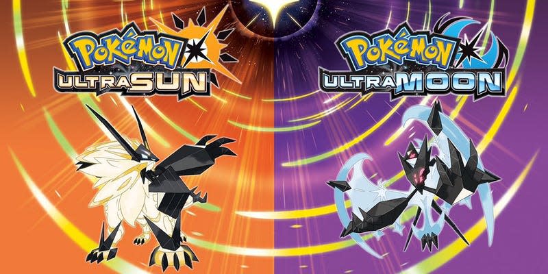 The mascots of Pokemon Ultra Sun and Ultra Moon are seen against an orange and purple background.