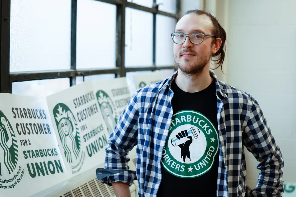 James Skretta at Starbucks Workers United office in Buffalo, New York, U.S., December 7, 2021.  REUTERS/Lindsay DeDario