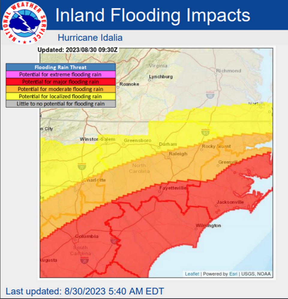 Forecasted inland flooding impacts from Hurricane Idalia, as of 5:40 a.m. EST from the National Weather Service.
