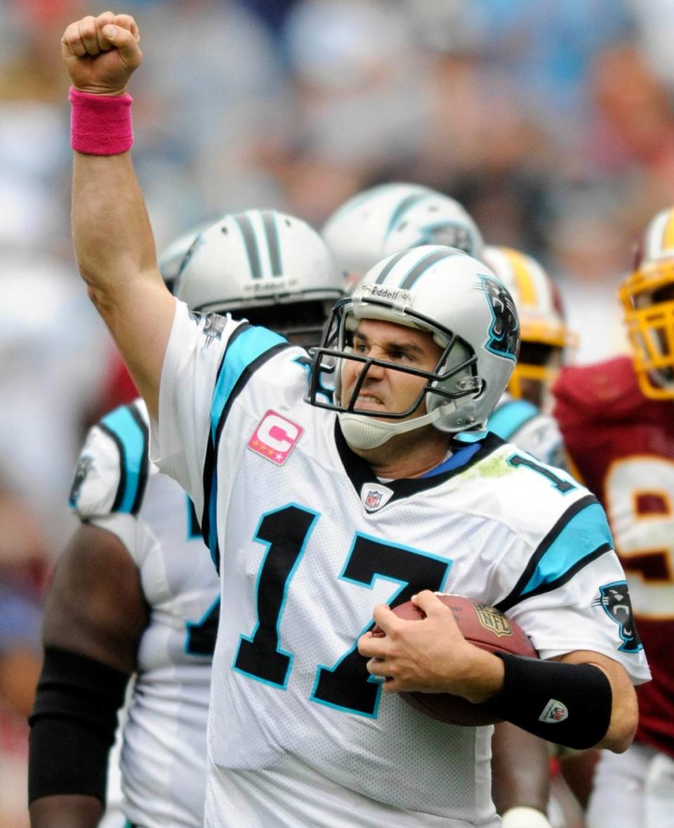 In 2009, his final year with the Panthers, Delhomme celebrated a victory over Washington.