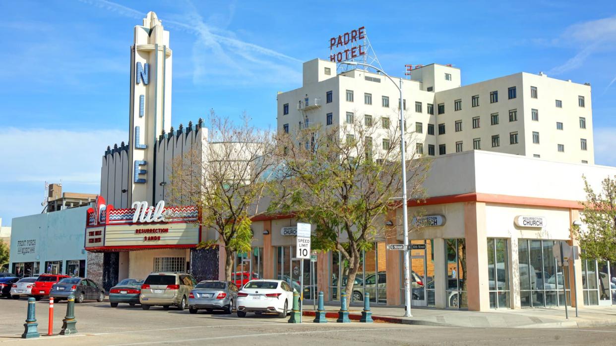 Bakersfield, California, USA - April 17, 2019: Daytime view of theNile Theater and Padre Hotel in the heart of the downtown district.