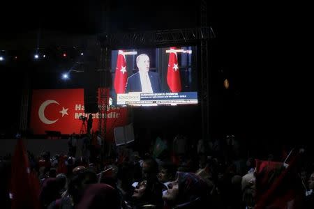 Supporters watch a televised interview of Turkish President Tayyip Erdogan during a pro-government demonstration on Taksim square in Istanbul, Turkey, July 20, 2016. REUTERS/Alkis Konstantinidis