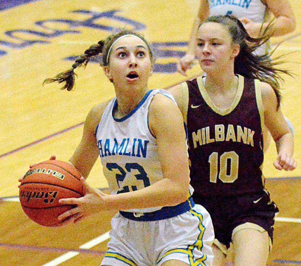Hamlin's Marissa Bawdon (23) drives to the hoop against Mibank's Tyra Berry during their SoDak 16 Class A state-qualifying girls basketball game on Thursday, March 2, 2023 in the Watertown Civic Arena.
