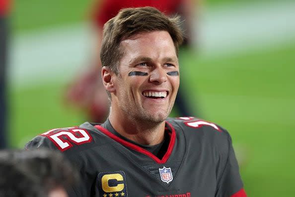 TAMPA, FL - NOVEMBER 23: Tom Brady (12) of the Buccaneers is all smiles before the regular season game between the Los Angeles Rams and the Tampa Bay Buccaneers on November 23, 2020 at Raymond James Stadium in Tampa, Florida. (Photo by Cliff Welch/Icon Sportswire via Getty Images)