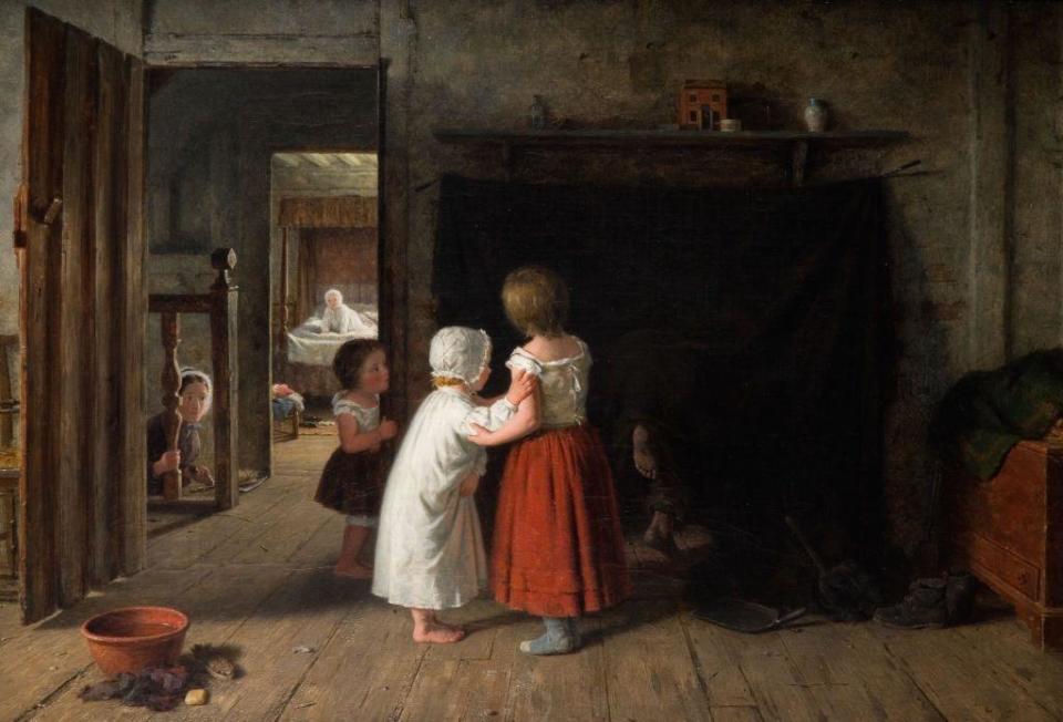 "El deshollinador" de Frederick Daniel Hardy mostrando tres niños pequeños mirando con asombro cómo otro niño limpia la chimenea de su casa (1866).