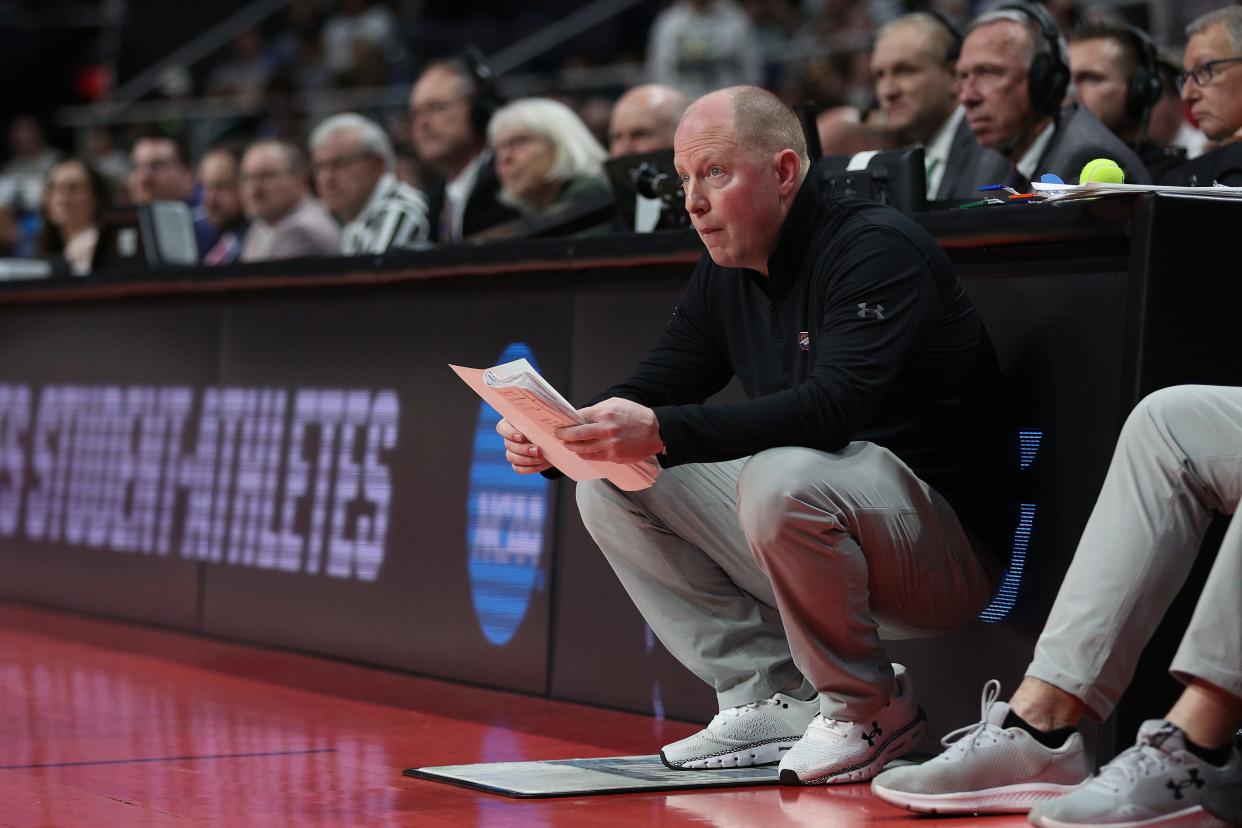 Kent State men's basketball coach Rob Senderoff looks on in the first half against Indiana during the first round of the NCAA Men's Basketball Tournament on March 17, 2023, in Albany, New York.