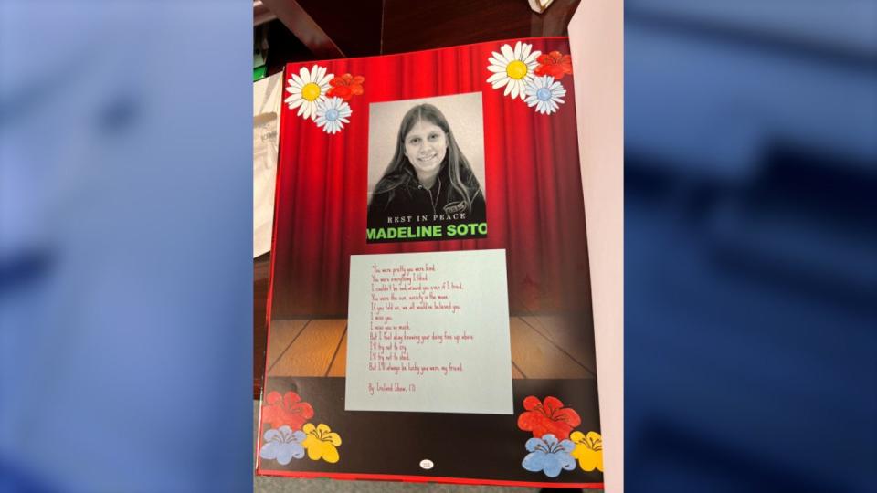 <div>A page of the Hunter's Creek Middle School yearbook has been dedicated to Madeline Soto, whose body was found on March 1, 2024. (Photo: Orange County Public Schools)</div>