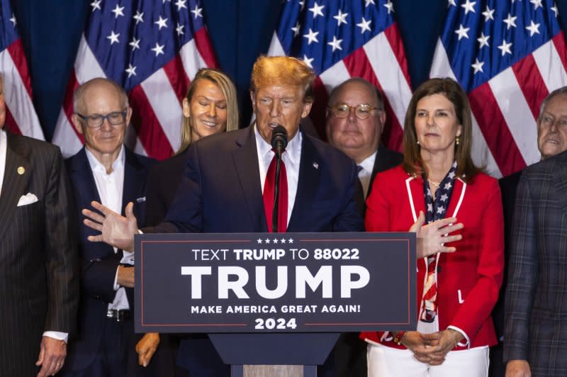 Former President Donald Trump speaks after defeating former Gov. Nikki Haley in South Carolina's Republican presidential primary in Columbia, S.C., on Saturday. Trump soundly defeated Haley again Tuesday in the Michigan Republican primary. Photo by Jim Lo Scalzo/EPA-EFE