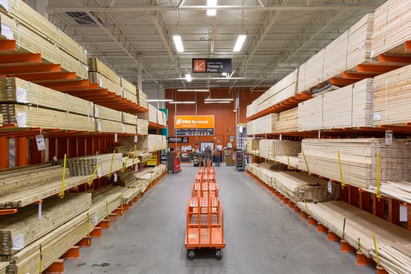 A lumber aisle at Home Depot