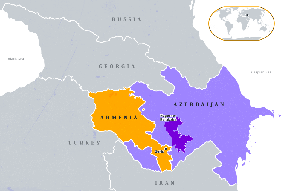 A map of the Caucasus highlighting Goris, Armenia, and Nagorno-Karabakh, Azerbaijan.