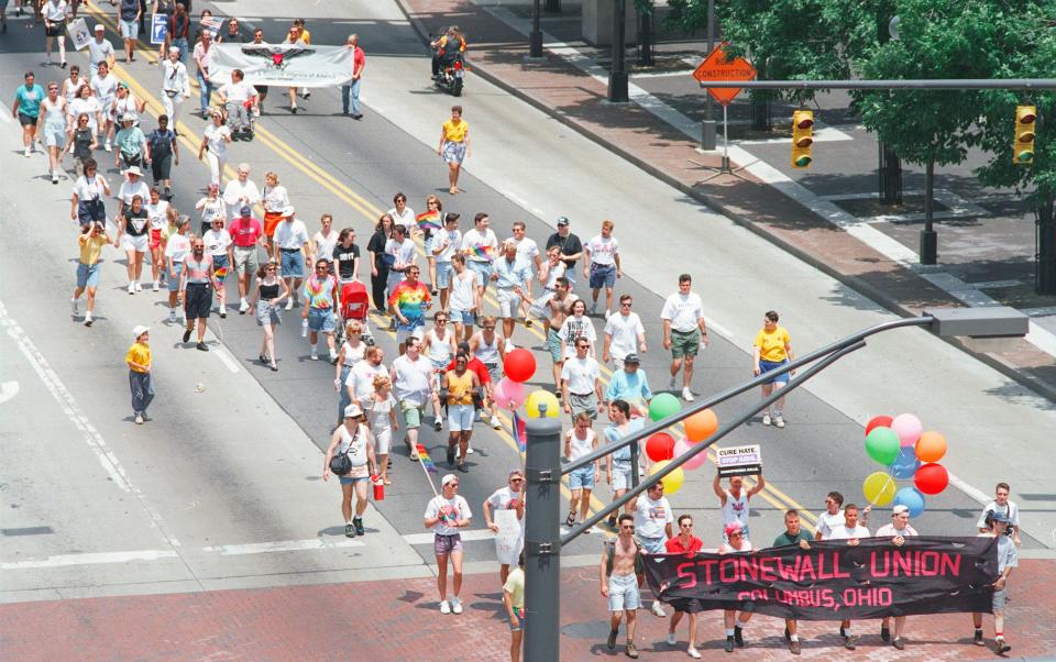 1993 Gay Pride March in Columbus.  Marchers in front carry Stonewall Union banner.