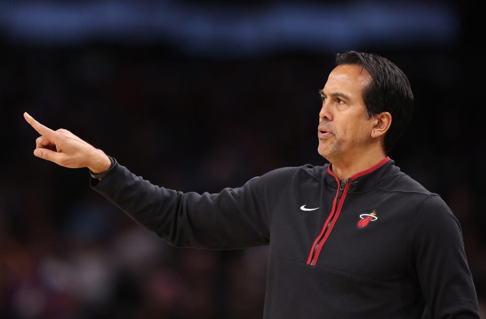 PHOENIX, ARIZONA - JANUARY 06: Head coach Erik Spoelstra of the Miami Heat reacts during the first half of the NBA game at Footprint Center on January 06, 2023 in Phoenix, Arizona. NOTE TO USER: User expressly acknowledges and agrees that, by downloading and or using this photograph, User is consenting to the terms and conditions of the Getty Images License Agreement. (Photo by Christian Petersen/Getty Images)