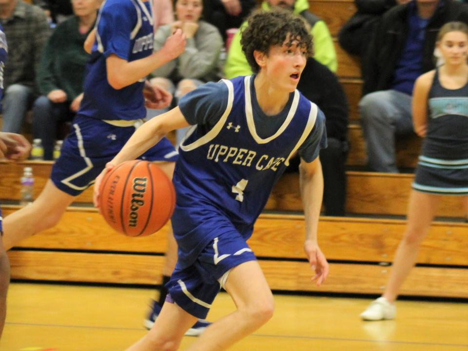 Upper Cape Tech's Caleb Fay dashes down court during a Mayflower League game against Bristol-Plymouth.