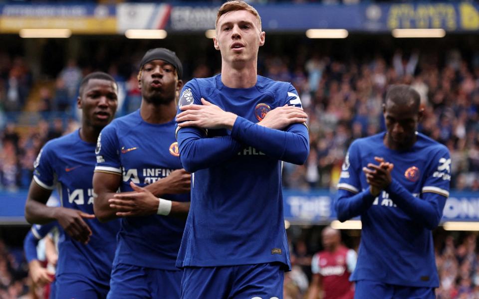 Cole Palmer celebrates scoring against West Ham